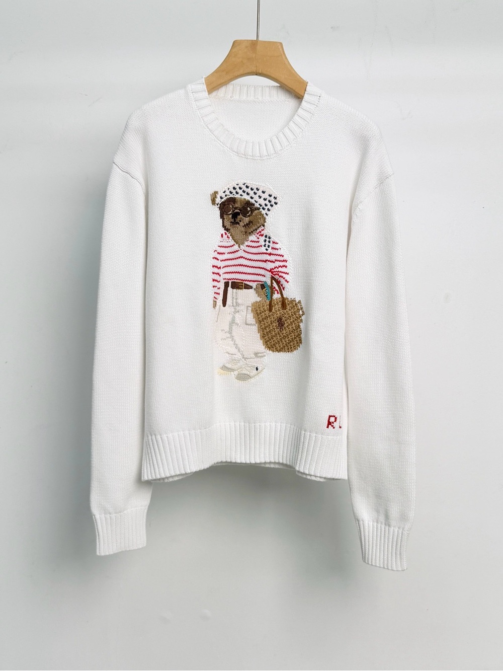Ralph Lauren White Crewneck Sweater with Striped Dog Motif